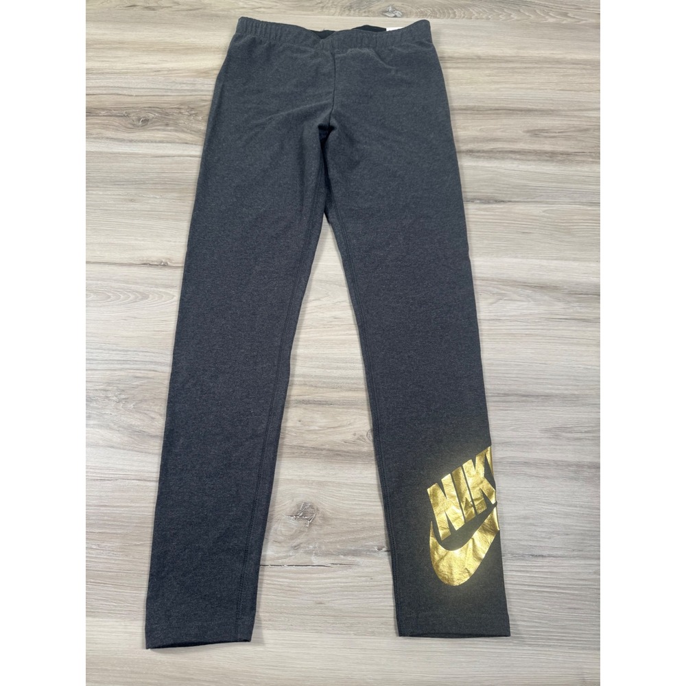 Nike Girls XL Extra Large Gray Leggings Gold Logo Tight Fit Activewear NWT‎